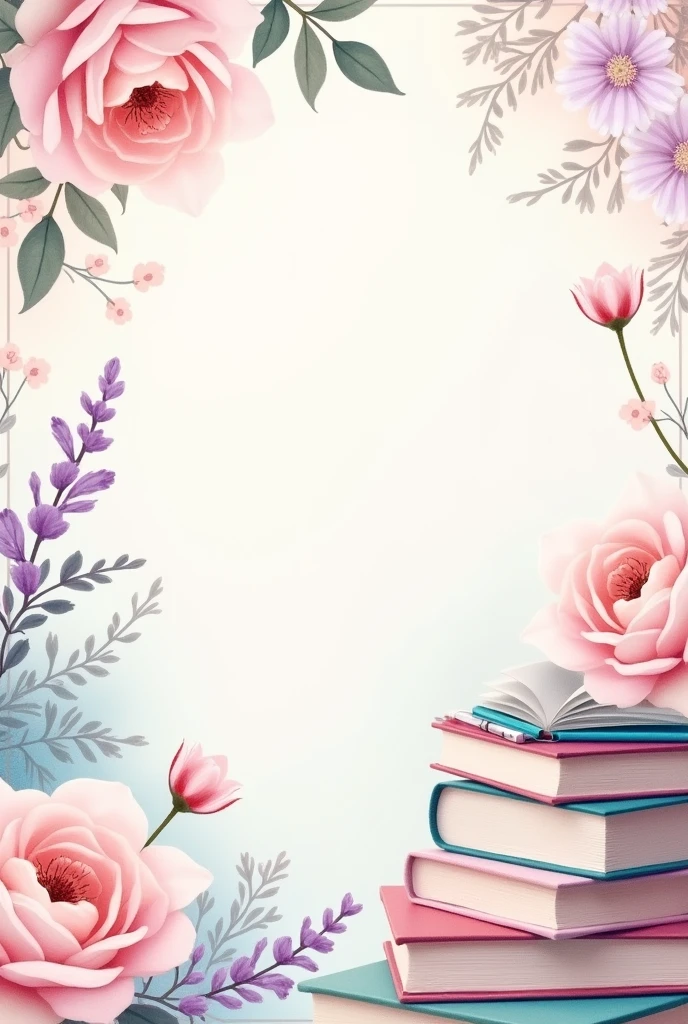 A pastel-themed background featuring delicate floral patterns intertwined with teaching elements like books and quills. Use soft pinks, blues, and creams as the primary colors. The flowers should be light and airy, creating a warm and gentle tribute to teachers.