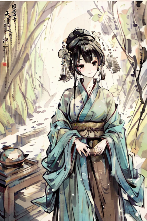 shukezouma, negative space, , shuimobysim , portrait of a woman standing , willow branches, (masterpiece, best quality:1.2), traditional chinese ink painting, modelshoot style, peaceful, (smile), looking at viewer, wearing long hanfu, hanfu, song, willow tree in background, wuchangshuo,
