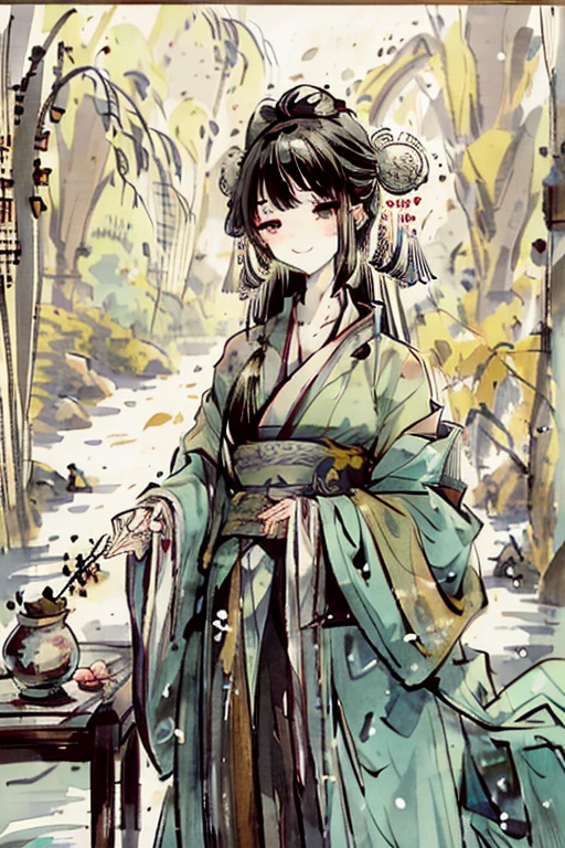shukezouma, negative space, , shuimobysim , portrait of a woman standing , willow branches, (masterpiece, best quality:1.2), traditional chinese ink painting, modelshoot style, peaceful, (smile), looking at viewer, wearing long hanfu, hanfu, song, willow tree in background, wuchangshuo,