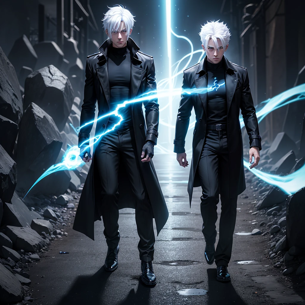 Full body image of a white hair character with blue glowing eyes dressed in a black t-shirt with pants and a long black trench coat ontop, all black woth shadow energy switling around him