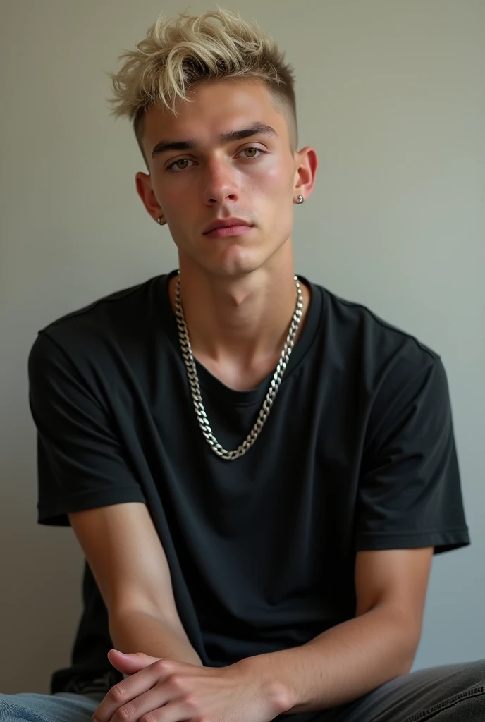 Create a photorealistic image of a boy, handsome and very thin, 30 years old, with light blonde hair, ( very short hair) . The boy has a serious but attractive expression, with honey-colored eyes that capture the light. He wears a thick silver chain hanging from his neck.. The boy is wearing a black t-shirt, with a relaxed posture. The background should be simple and neutral, allowing the main focus to be on the boy's face, Her hands, and their facial details. short hair (delgado) whole body in the image