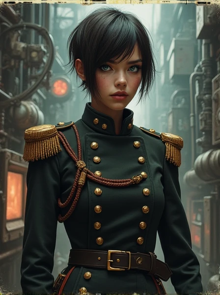 A Beautiful 25 years old woman. Dark brown hair, pixie haircut. blue eyes. slightly daring outfit. goth tomboy. well dressed Napoleonic officer. maidenly charm. Dark sci-fi. Warhammer 40k. Dieselpunk. oil painting.