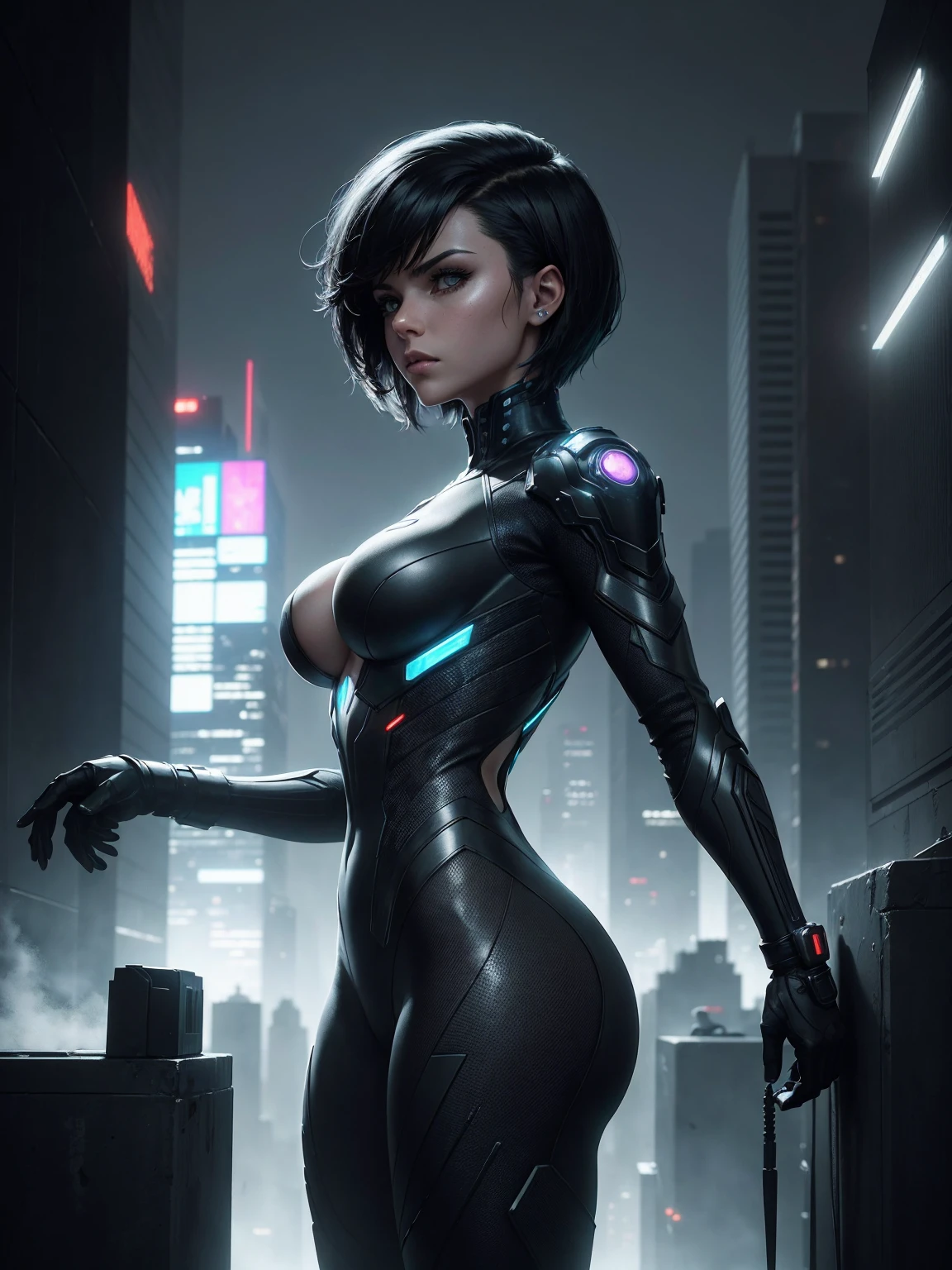 A black and white scene with a cyberpunk art style featuring a dramatic, high vanishing point perspective, from an angle behind a female character. She has a short, dark haircut, and is wearing a form-fitting futuristic suit with technological details. The woman is standing on the edge of a tall building, looking down at a vast, dense city filled with skyscrapers rising into the sky. The city is illuminated by artificial lights reflecting off the windows of the buildings and onto her suit. The texture of the image has a fine line finish, as if it were a detailed engraving or illustration. The atmosphere is dark and mysterious, with a sense of surveillance and technological control.