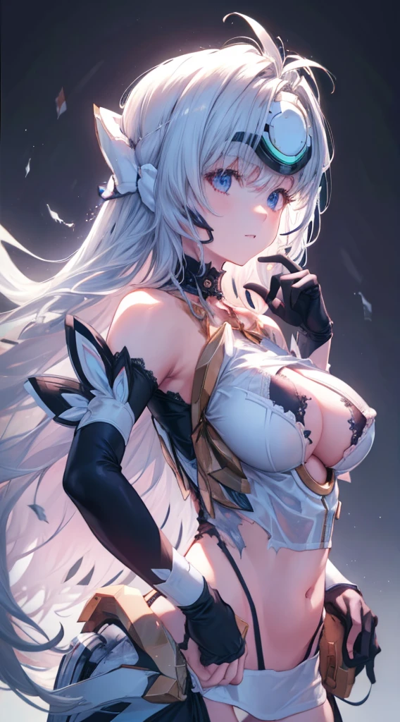 (((Masterpiece))), (portrait), diffused light, dynamic shadows, sharp focus, realistic, detailed, highres, absurdres, anatomically correct, seductive face, white background, torn clothes, looking to the side, black choker, belly button, medium breast