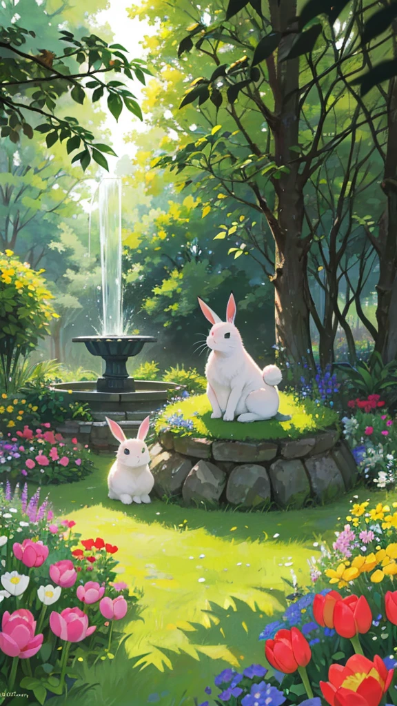A curious rabbit exploring a vibrant garden, its nose twitching as it sniffs the air filled with the scent of fresh flowers. The garden is a riot of colors, with blooming roses, tulips, and marigolds. The rabbit pauses beside a small, trickling fountain, surrounded by ferns and moss-covered stones. The atmosphere is serene and enchanted, with sunlight filtering through the leaves, casting dappled shadows on the soft grass.