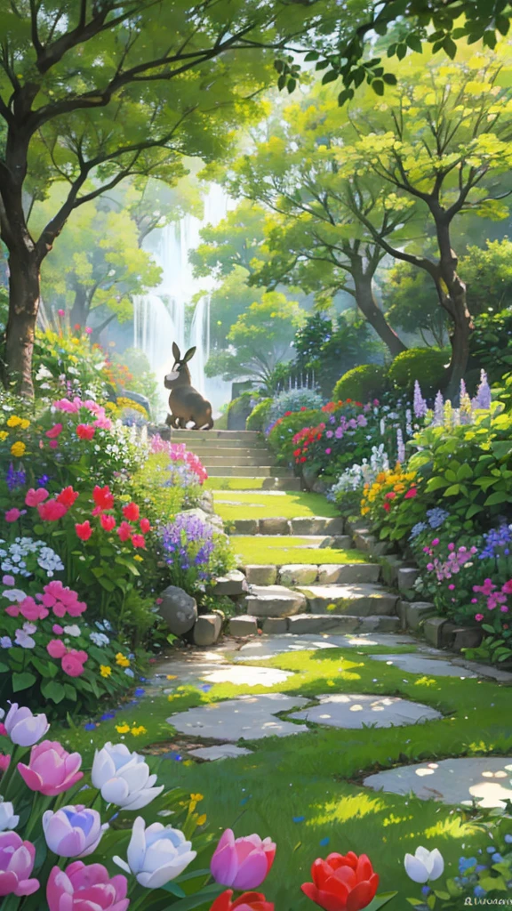 A curious rabbit exploring a vibrant garden, its nose twitching as it sniffs the air filled with the scent of fresh flowers. The garden is a riot of colors, with blooming roses, tulips, and marigolds. The rabbit pauses beside a small, trickling fountain, surrounded by ferns and moss-covered stones. The atmosphere is serene and enchanted, with sunlight filtering through the leaves, casting dappled shadows on the soft grass.