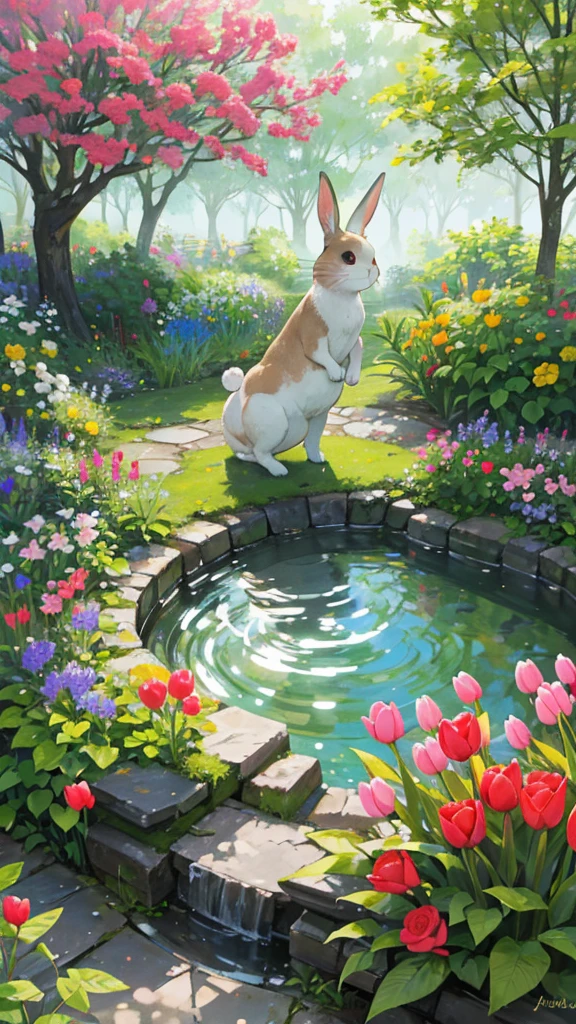 A curious rabbit exploring a vibrant garden, its nose twitching as it sniffs the air filled with the scent of fresh flowers. The garden is a riot of colors, with blooming roses, tulips, and marigolds. The rabbit pauses beside a small, trickling fountain, surrounded by ferns and moss-covered stones. The atmosphere is serene and enchanted, with sunlight filtering through the leaves, casting dappled shadows on the soft grass.