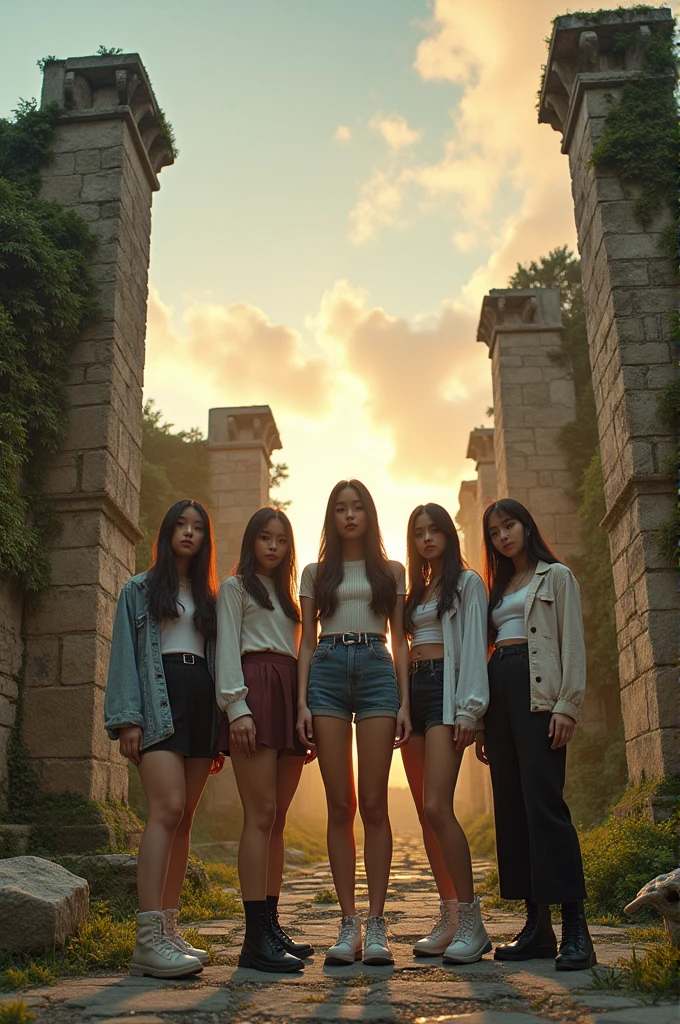 I'm taking photos for a new concept album. Create a concept photo of a girl group posing with crumbling ruins in the background