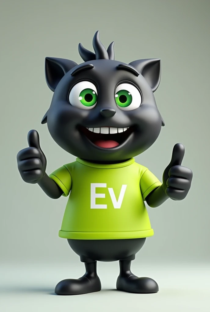 a black socket, with white tips, wearing a fluorescent green shirt with EV written on it, giving a thumbs up with big green eyes and a wide happy smile