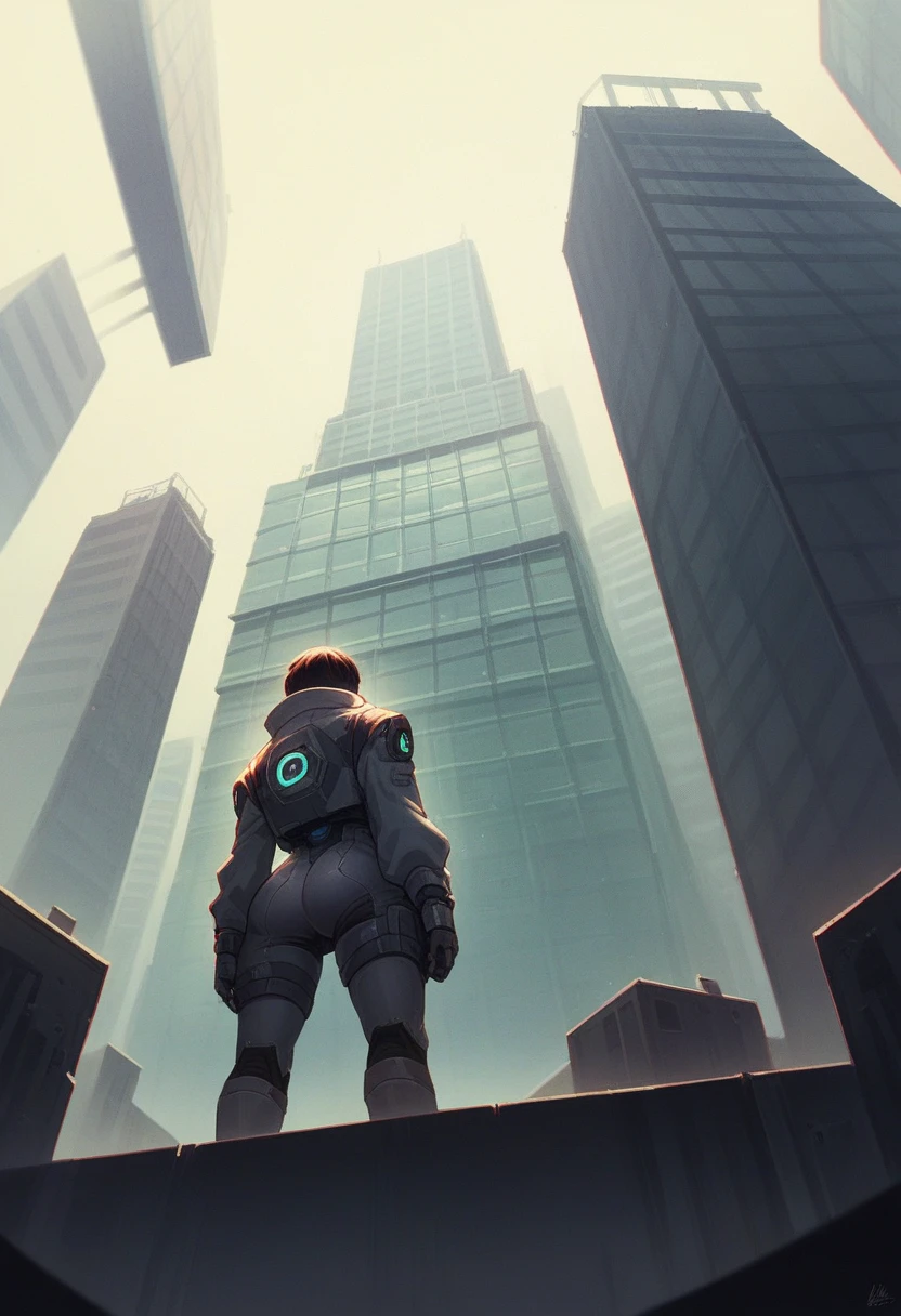 A black and white scene with a cyberpunk art style featuring a dramatic, high vanishing point perspective, from an angle behind a female character. She has a short, dark haircut, and is wearing a form-fitting futuristic suit with technological details. The woman is standing on the edge of a tall building, looking down at a vast, dense city filled with skyscrapers rising into the sky. The city is illuminated by artificial lights reflecting off the windows of the buildings and onto her suit. The texture of the image has a fine line finish, as if it were a detailed engraving or illustration. The atmosphere is dark and mysterious, with a sense of surveillance and technological control.