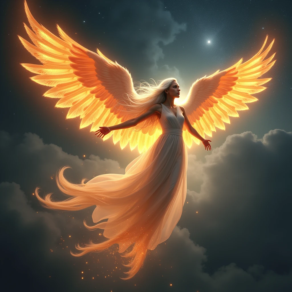 A girl with long white hair,She will be flying in the sky, she will be a phoenix and a strong light will come out of her,I want the dark sky,I want the image with an air of rebirth like the phoenix