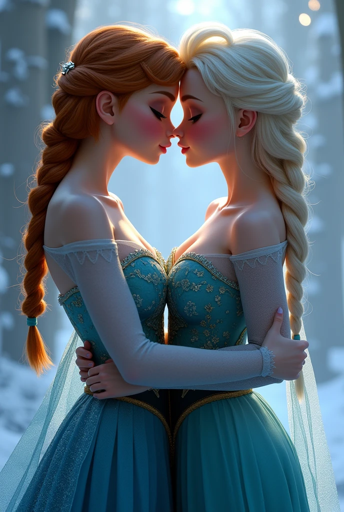 A stunning portrait of Elsa and her sister Anna, they are kissing, young and beautiful, hyper realistic, real portrait, backlit, exquisite features, cleavage, Elsa is showing her vagina to Anna and asking her to lick her vagina, she is inserting his fingers in her vagina under her skirt, she is fingering her, Elsa is in ecstasy
