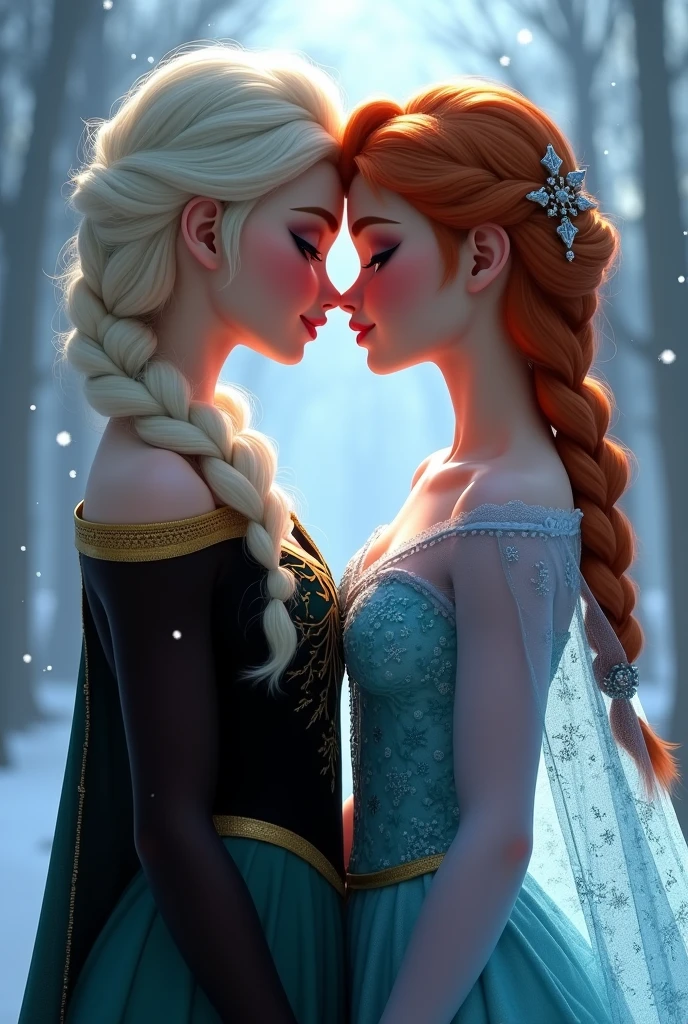 A stunning portrait of Elsa and her sister Anna, they are kissing, young and beautiful, hyper realistic, real portrait, backlit, exquisite features, cleavage, Elsa is showing her vagina to Anna and asking her to lick her vagina, she is inserting his fingers in her vagina under her skirt, she is fingering her, Elsa is in ecstasy