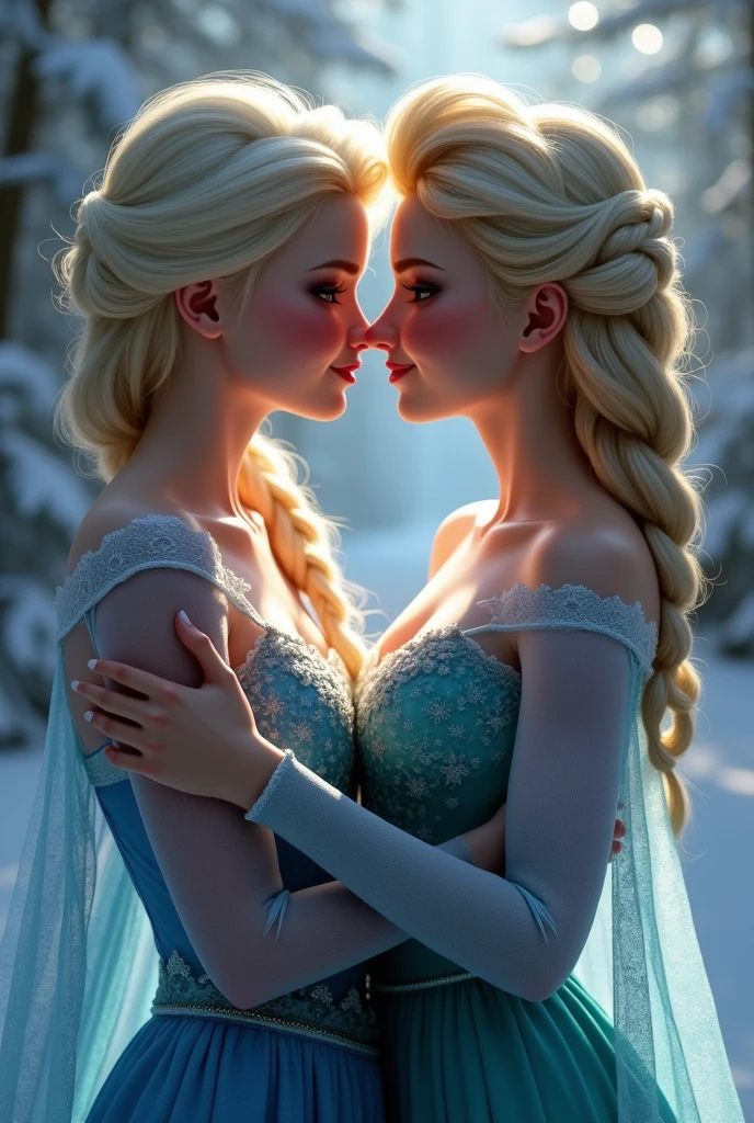 A stunning portrait of Elsa and her sister Anna, they are kissing, young and beautiful, hyper realistic, real portrait, backlit, exquisite features, cleavage, Elsa is showing her vagina to Anna and asking her to lick her vagina, she is inserting his fingers in her vagina under her skirt, she is fingering her, Elsa is in ecstasy