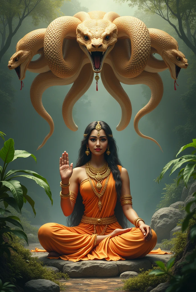 Create a realistic phone wallpaper of the goddess nainai nagapoosani amman with blessing with one hand in and divinely sitting under 5-heads snake that creating an umbrella with its five heads for the goddess