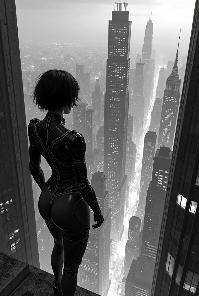 A black and white scene with a cyberpunk art style featuring a dramatic, high vanishing point perspective, from an angle behind a female character. She has a short, dark haircut, and is wearing a form-fitting futuristic suit with technological details. The woman is standing on the edge of a tall building, looking down at a vast, dense city filled with skyscrapers rising into the sky. The city is illuminated by artificial lights reflecting off the windows of the buildings and onto her suit. The texture of the image has a fine line finish, as if it were a detailed engraving or illustration. The atmosphere is dark and mysterious, with a sense of surveillance and technological control.