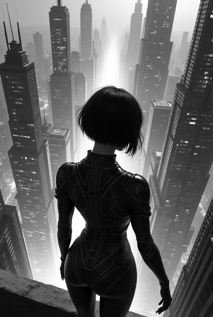 A black and white scene with a cyberpunk art style featuring a dramatic, high vanishing point perspective, from an angle behind a female character. She has a short, dark haircut, and is wearing a form-fitting futuristic suit with technological details. The woman is standing on the edge of a tall building, looking down at a vast, dense city filled with skyscrapers rising into the sky. The city is illuminated by artificial lights reflecting off the windows of the buildings and onto her suit. The texture of the image has a fine line finish, as if it were a detailed engraving or illustration. The atmosphere is dark and mysterious, with a sense of surveillance and technological control.