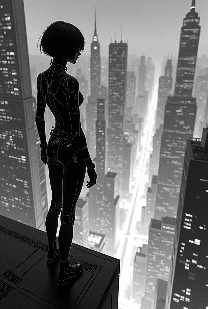 A black and white scene with a cyberpunk art style featuring a dramatic, high vanishing point perspective, from an angle behind a female character. She has a short, dark haircut, and is wearing a form-fitting futuristic suit with technological details. The woman is standing on the edge of a tall building, looking down at a vast, dense city filled with skyscrapers rising into the sky. The city is illuminated by artificial lights reflecting off the windows of the buildings and onto her suit. The texture of the image has a fine line finish, as if it were a detailed engraving or illustration. The atmosphere is dark and mysterious, with a sense of surveillance and technological control.