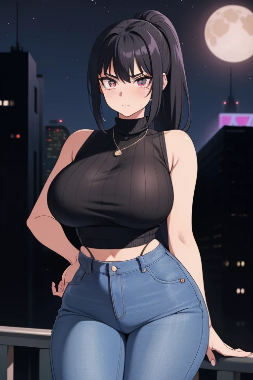 20 year old woman, busty, bubble butt, hourglass figure, skinny, blushing, panicked expression, horny, seductive, black hair, long hair, bangs, ponytail hair, wearing wearing pink sweater, ribbed sweater, turtle neck sweater, jeans, choker, sneakers, tight fitting clothing, cleavage, middrift, anime, city at night, outside, punk, punk style, punk hair, doujin style, manga, flat colours, 2d manga, mecha, futuristic tech, straps, zips, buckles, bare arms, sleeveless sweater