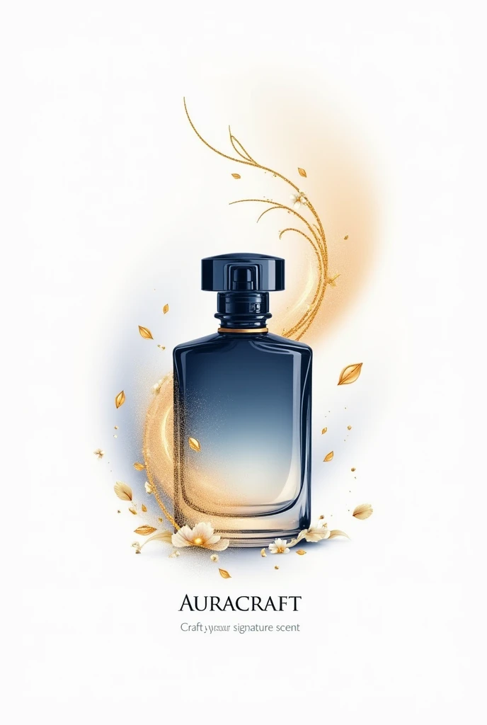 Create an illustration of an elegant perfume bottle with a modern, sleek design. The bottle should be semi-transparent with a gradient of deep blues and soft golds. Surround the bottle with a delicate, flowing aura or halo effect,  The background should feature a soft gradient in complementary colors, blending smoothly to enhance the luxurious and sophisticated feel. Add subtle details like tiny sparkles and abstract floral elements around the aura for an enchanting touch. include AuraCraft brand name also add subtitle as Craft your signature scent. its a logo so background should be in white.