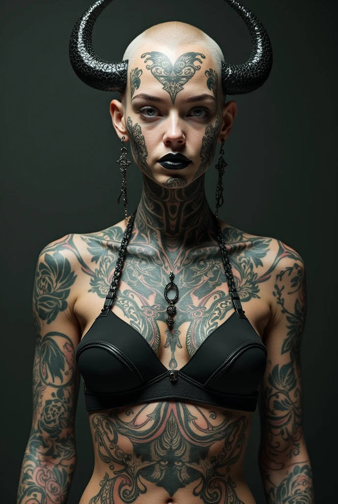Create a young woman with this appearance: She has her skin completely covered in tattoos, every inch of it is completely covered without leaving any free space, no matter how small.; The inside of his mouth and his forked tongue are also completely tattooed, her scleras are also completely tattooed as well as her lips which are also completely tattooed. She has subdermal scale implants all over her skin, and on the head it has a pair of subdermal horns on the forehead, she also has a long pointy tail. She has many, plus many expanders on the face and many piercings on the body and some on the face, in the mouth and on the tongue. Her teeth are all made of black rhodium encrusted with black diamonds.. She is completely bald, without having any hair since childhood thanks to alopecia universalis.