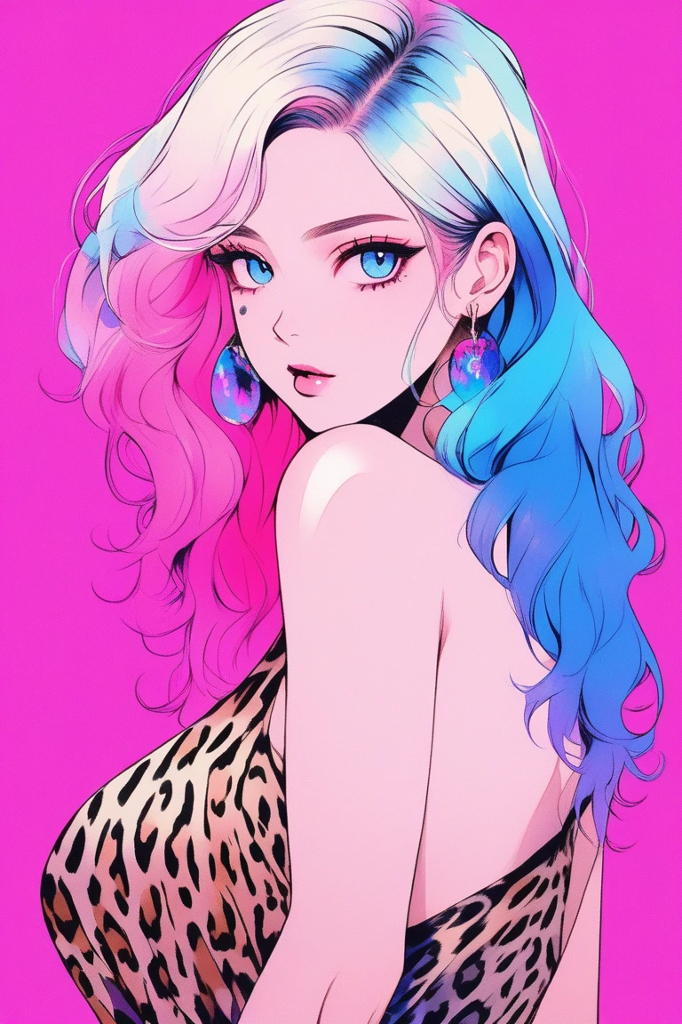 
Illustrator, anime , Realistic ,sketch , 1 person, model, Age 25, lip, A sexy and revealing sheer leopard print wrap dress, order, Blue and pink gradient background, Neon Hair, Big Breasts, Her cleavage is visible, look back, Upper Body, Sexy look, Texture Trim, Russia, (masterpiece,Highest quality)