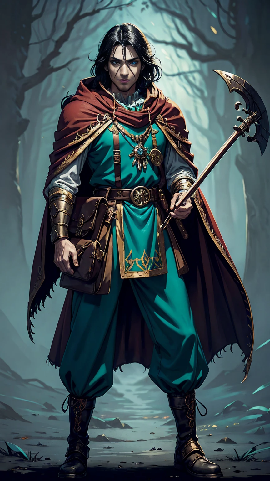 warhammer fantasy roleplay art style , high elf, clown costume, black hair, turquoise eyes, full body, wearing backpack with bedroll, belt pouch, cloak, violin, desaturated clothing, dark fantasy accessories