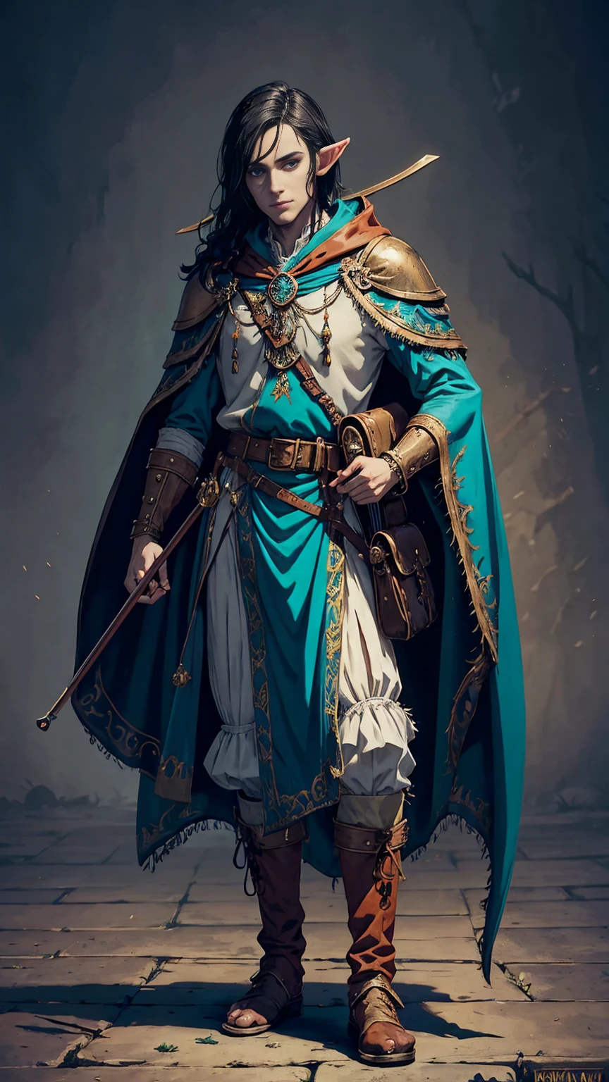 warhammer fantasy roleplay art style , high elf, clown costume, black hair, turquoise eyes, full body, wearing backpack with bedroll, belt pouch, cloak, violin, desaturated clothing, dark fantasy accessories