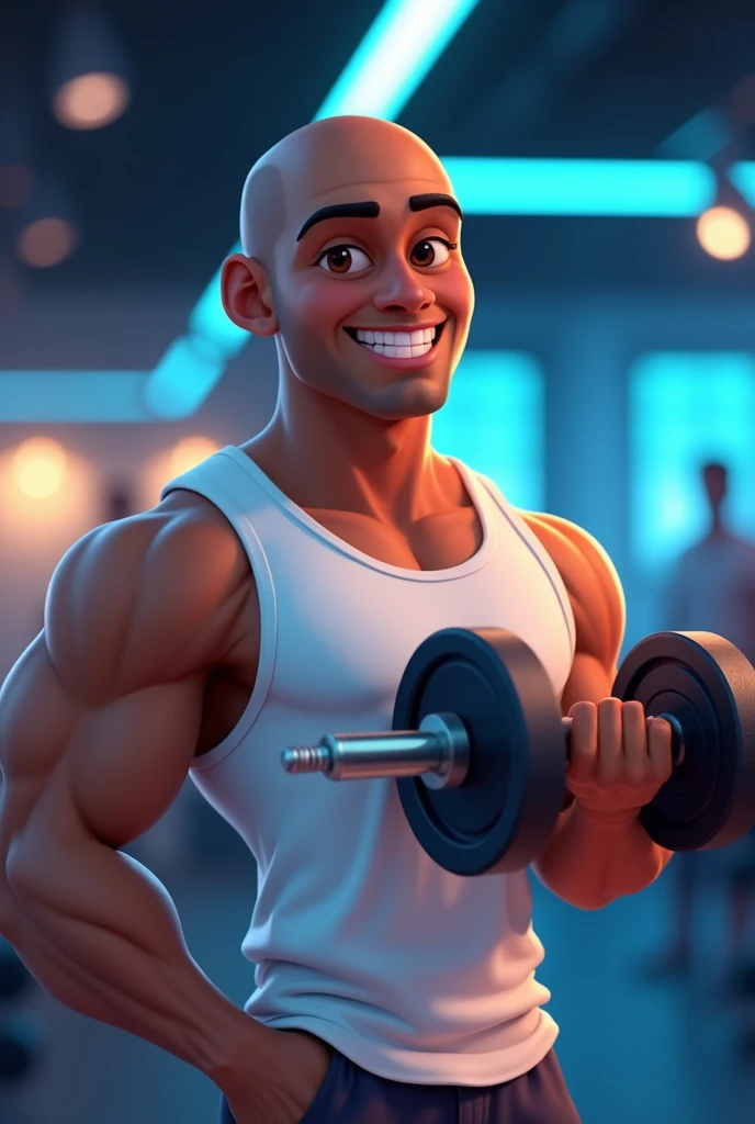 (logo coach Lucio) Pixar-style cartoon logo promoting logo Coach Lucio an 18-year-old bald brown skin color man smooth brown skin, and a bright, confident smile, wearing a crisp white tank top, holding a pair of dumbbells, gym background with subtle neon blue accents, evoking a sense of energy, strength, and motivation, arms and toned physique prominently showcased, holding dumbbells