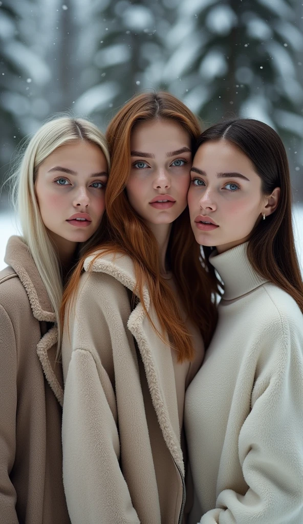 Russian models posing elegantly for a high-fashion photoshoot, each showcasing distinct features typical of Slavic beauty. They have light skin, high cheekbones, and piercing blue eyes. The first model has long, straight platinum blonde hair, the second has wavy auburn hair, and the third has dark, sleek hair. All are dressed in luxurious, sophisticated winter outfits with rich textures like fur and velvet, set against a snowy, forested backdrop. The lighting is soft yet clear, highlighting their graceful postures and refined features. The overall mood is serene and majestic, capturing the essence of Russian elegance and beauty." This prompt should give you a realistic and visually stunning image of Russian models.
