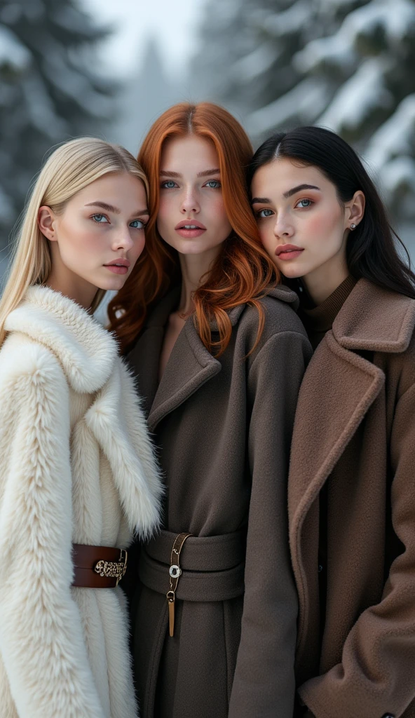 Russian models posing elegantly for a high-fashion photoshoot, each showcasing distinct features typical of Slavic beauty. They have light skin, high cheekbones, and piercing blue eyes. The first model has long, straight platinum blonde hair, the second has wavy auburn hair, and the third has dark, sleek hair. All are dressed in luxurious, sophisticated winter outfits with rich textures like fur and velvet, set against a snowy, forested backdrop. The lighting is soft yet clear, highlighting their graceful postures and refined features. The overall mood is serene and majestic, capturing the essence of Russian elegance and beauty." This prompt should give you a realistic and visually stunning image of Russian models.