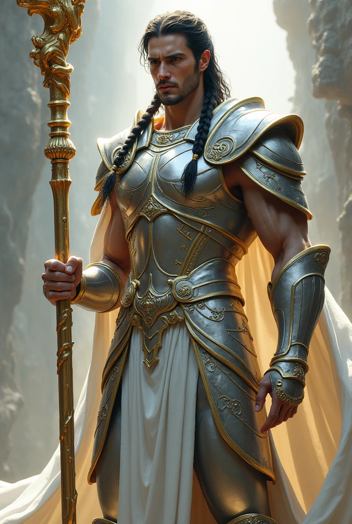 generate images of a tall an slim muscular man with two braids of his hair beside his face
in white and silver coloured armour holding a gold staff