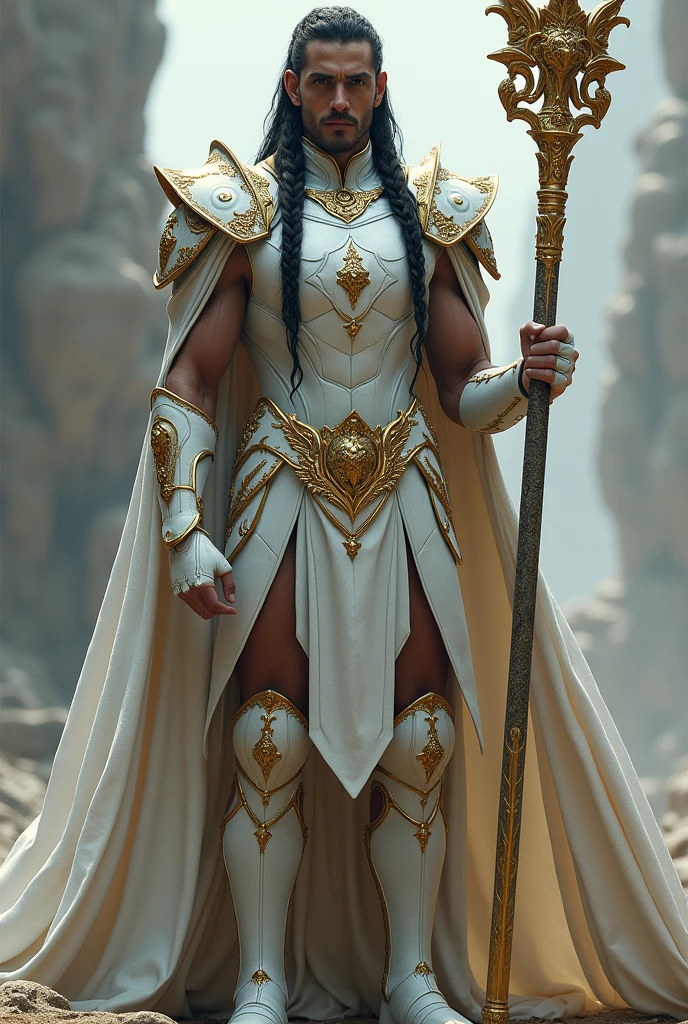 generate images of a tall an slim muscular man with two braids of his hair beside his face
in white and silver coloured armour holding a gold staff