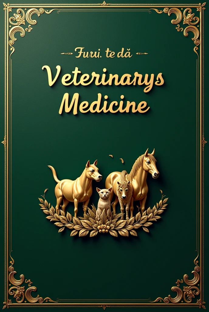 Album cover with plain green and black background, classic style, written in gold Veterinary Medicine in Portuguese, with image below of Dog, catboy, horse and cow in relief