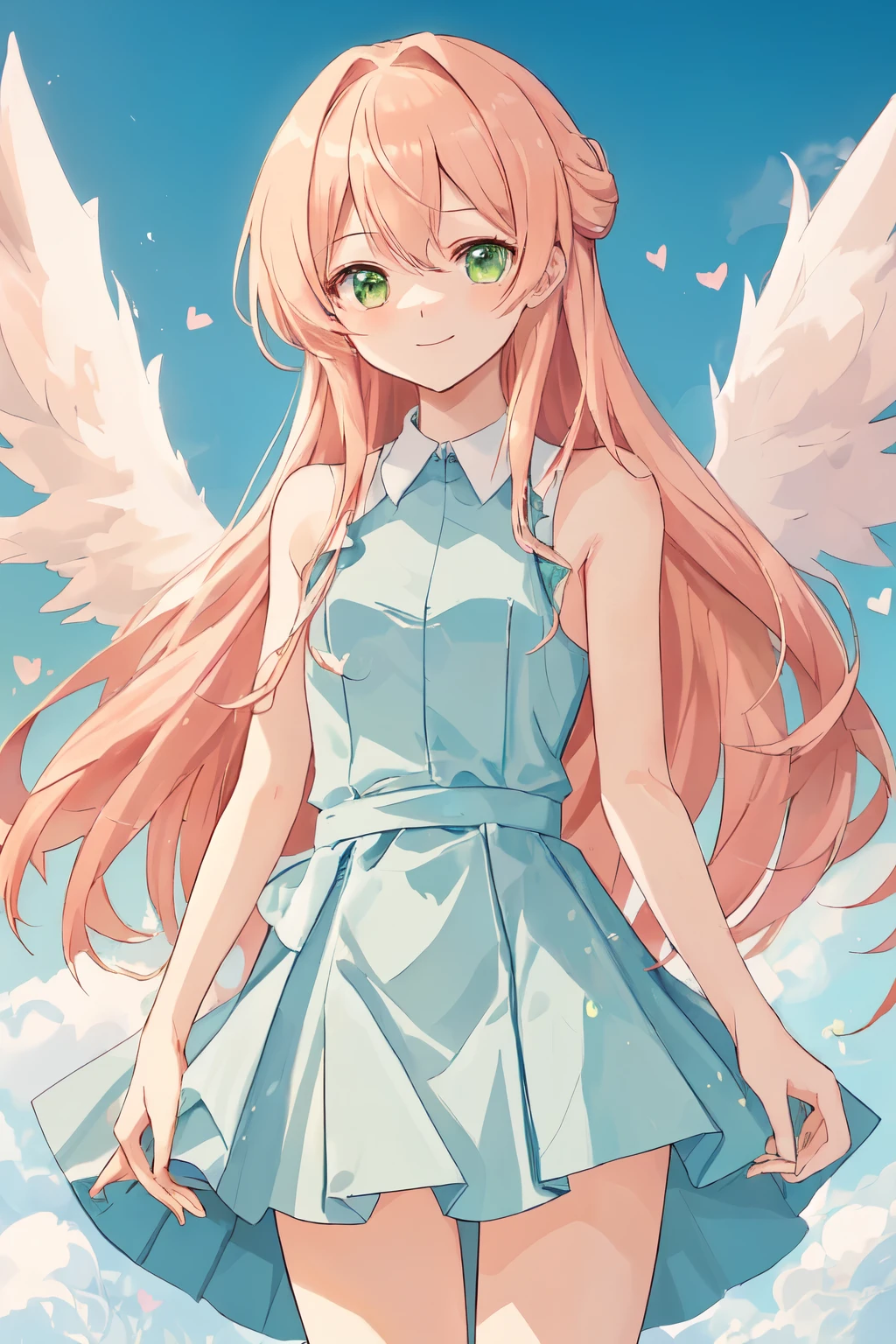 1_girl, (anime, kawai:1.6), (masterpeice, best_quality, clean:1.8), (sky_background:1.2), (cute, wholesome, young:1.5), (delicate, extremely_delicate, beautiful, thin:1.3), (girlfriend, angel:1.5), (green_eyes:1.8) (long_hair, blond_hair:1.6), (wearing_big_pink_dress, pink_angel_wings:1.4), (tease:1.5), (combat:1.3), extremely_delicate, (love_magic:1.4), (age_size_fits_body), (small_thighs:1.3), (eye_level:1.3), (love:1.8), (warm:1.5), (folded_legs:1.3), (cheerful:1.8)