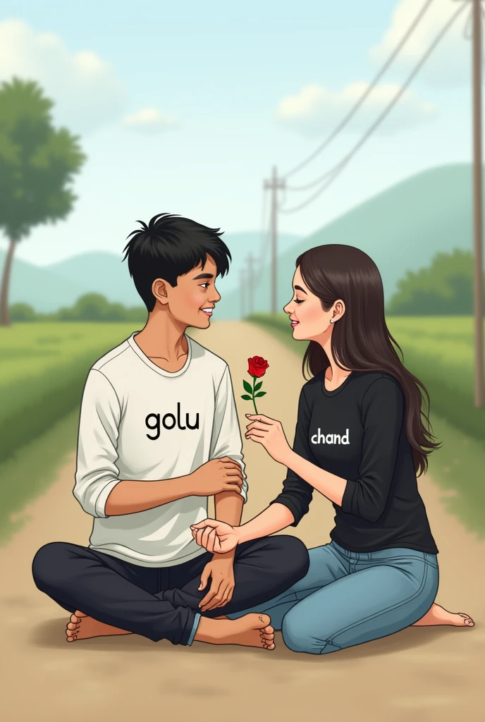 Ak sadak pe ak ladka baitha ho jiska shirt ka rang safed aur pent ka rang kala ho .uske shirt pe golu likha ho aur vah gulab pakda ho , aur uske pass. Aak ladki baithi ho jo kala top pahni ho aur nila jins aur uske top me chand likha ho