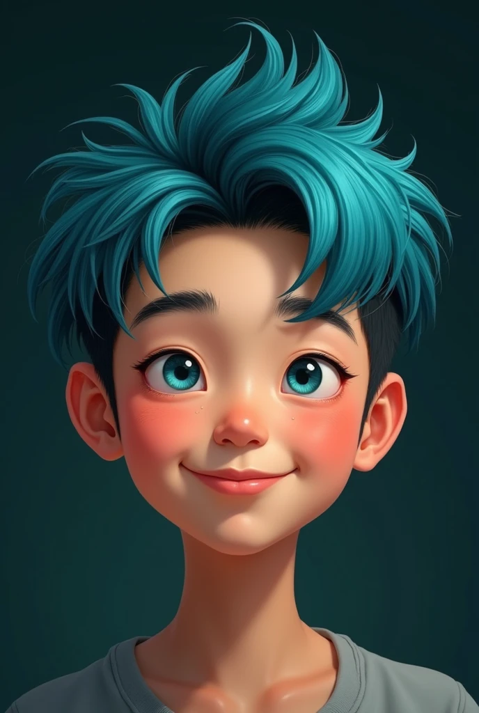 ager man highlightsturquoise-hair base-blackhair Chinese realistic-draw brightskin round-face turquoiseeyes playful style