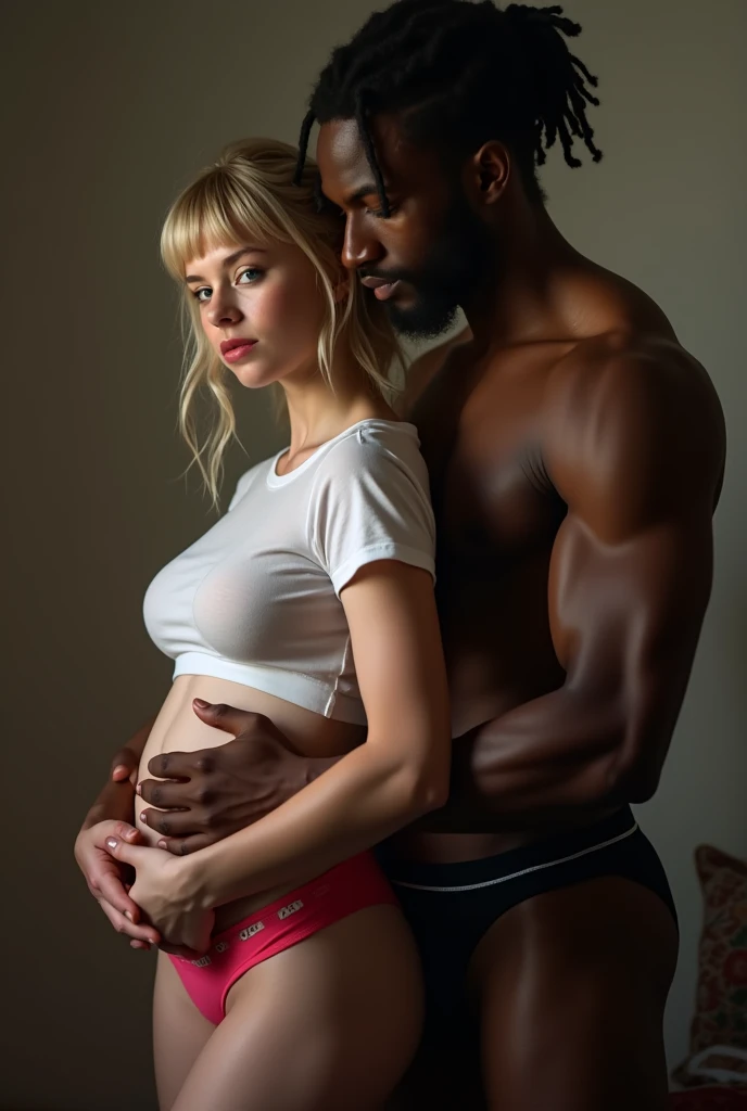 (Photorealsitic:1.4), (​masterpiece:1.3), (top-quality:1.4), ultrarealistic, HD 8k,
sexy well proportioned full body of 
((innocent and (sexy) little 28 years woman) and 
(tall (muscular) black man )), 
man lycra black thong, powerful jaw, detailed medium dreadlocks, dominant, big muscular arms, wide chest, narrow waist, strong legs, clean face,
she bright expression, extremely beautyful, amazing beautyful, extraordinary beautiful, Detailed cute and beautiful face, beautiful big blue eyes,freckles,  short bun blonde hair, perky small nose, thin red lips, Beautiful bangs, Glowing white shiny skin, Bangs that extend to the face, tight body, tonned abs, sexy pert buttocks, subtle makeup, extremely pale woman, extremely pale skin,
(cozy night bedroom), 
alternative vibe,vibrant lighting, high contrast,dramatic shadows,highly detailed,detailed skin,depth of field,dynamic angle,glimmer lighting, film grain, 
woman (white plain gauze translucent t-shirt,  pink undies) , extremely translucent t-shirt,
man lycra thong, 
full body view, woman in fornt a man , (man gripping her belly from  her back wrapping her with his arm), legs intertwined, full standing view, desire look, sexy bite lips , 5 toes, perfect feet, passionate pose, ((uncovered body)), full body exposed, (no deformations), (no tattoos), (perfect fingers), extremely explicit and erotic, detailed breast, sex, naked, no clothes (sex).