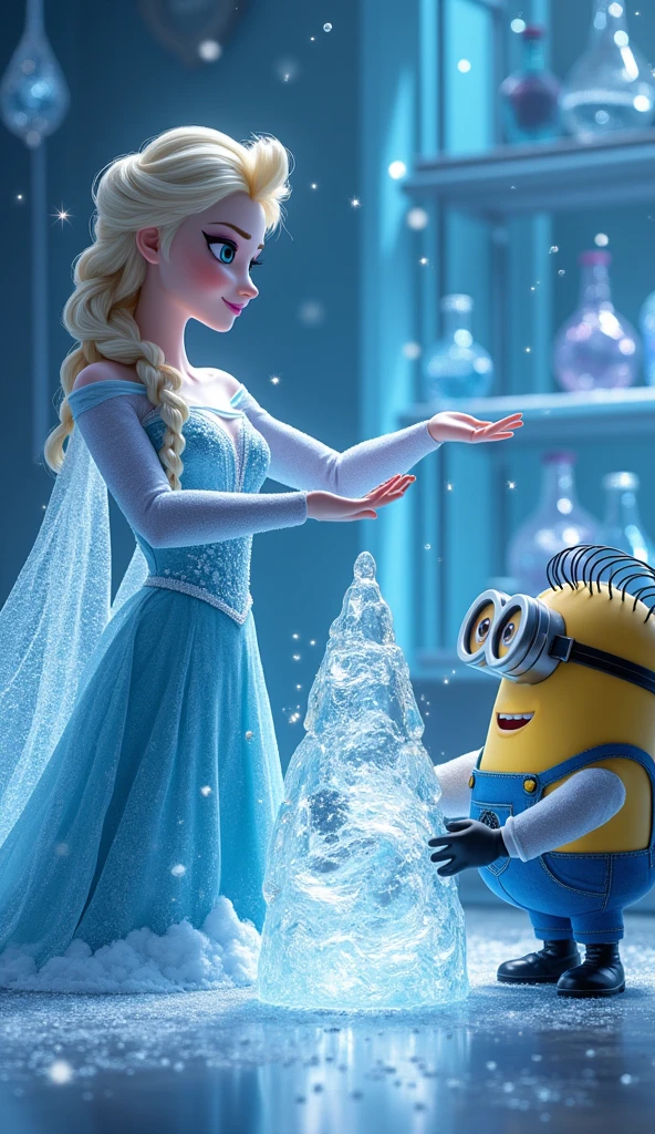 Elsa and Dr. Minion stand in a sparkling laboratory, with scientific instruments and equipment made from ice. Elsa is showing off her ice powers, create delicate shapes, while Dr. Minion watched intently with an amused look on his face..