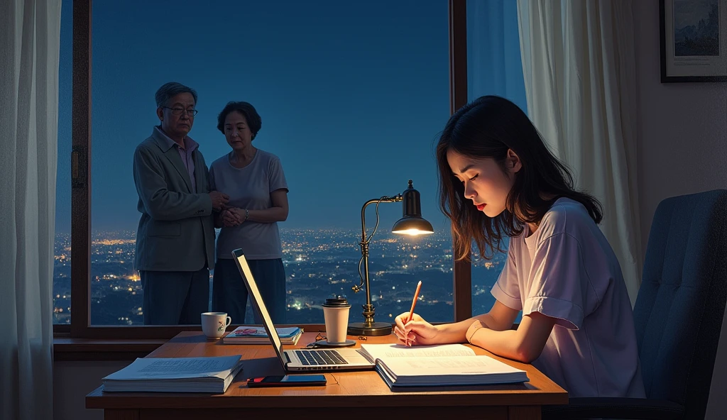 A stunning oil painting of a young beautiful Korean woman studying, beautifully portrayed with a lost and melancholic expression. In the soft glow of a study lamp, a she sits in her comfortable chair, surrounded by the organized chaos of study materials. Her desk is cluttered with open books, a laptop, and a mobile phone, each item a tool in her quest for knowledge. In a softly lit room, the young girl sits at her desk, engrossed in her studies. The warm glow from her desk lamp casts a gentle light over her open books, laptop, and scattered notes. Standing behind her, her elderly parents watch with evident pride and admiration. Their faces are illuminated by the room's light, reflecting their joy and satisfaction.
, The window beside her at a distance, reveals the deep blue of night time, with the city lights faintly glimmering in the distance. The room is bathed in a warm, focused light that contrasts with the cool darkness outside, creating a serene, studious atmosphere., adding to the sense of unease. The painting exhibits a dream-like, impressionistic style, with visible brushstrokes that create a sense of depth and texture. The color palette primarily consists of deep purples, greys, and blacks, evoking a depressive atmosphere. wide shot