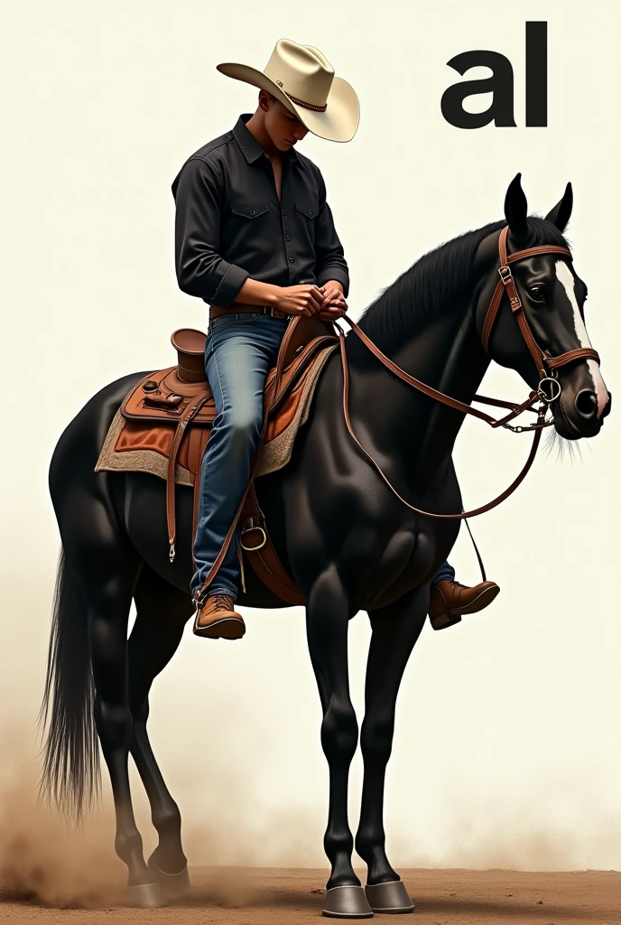 create an illustration of a 20 year old cowboy, no beard on the face, com bota country e camisa preta, with a white hat and head down, riding a black quarter horse, stark, with the letters "al" No canto superior direito. make a realistic image with a face similar to mine