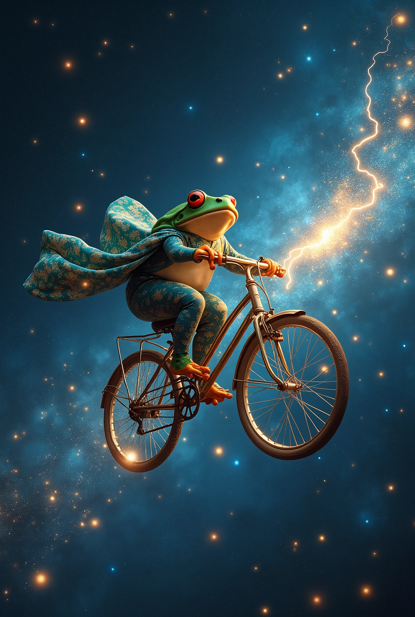 (Full-scale　Huge　Starry Sky:1.4) art,　 (as under deep sea lighting:1.1),  Lots of sparkling stars、　realistic, A lightning-firing frog flies through space on a bicycle、float、　Jump、flying、Drift、kimono、　in deep space, cosmic shower、