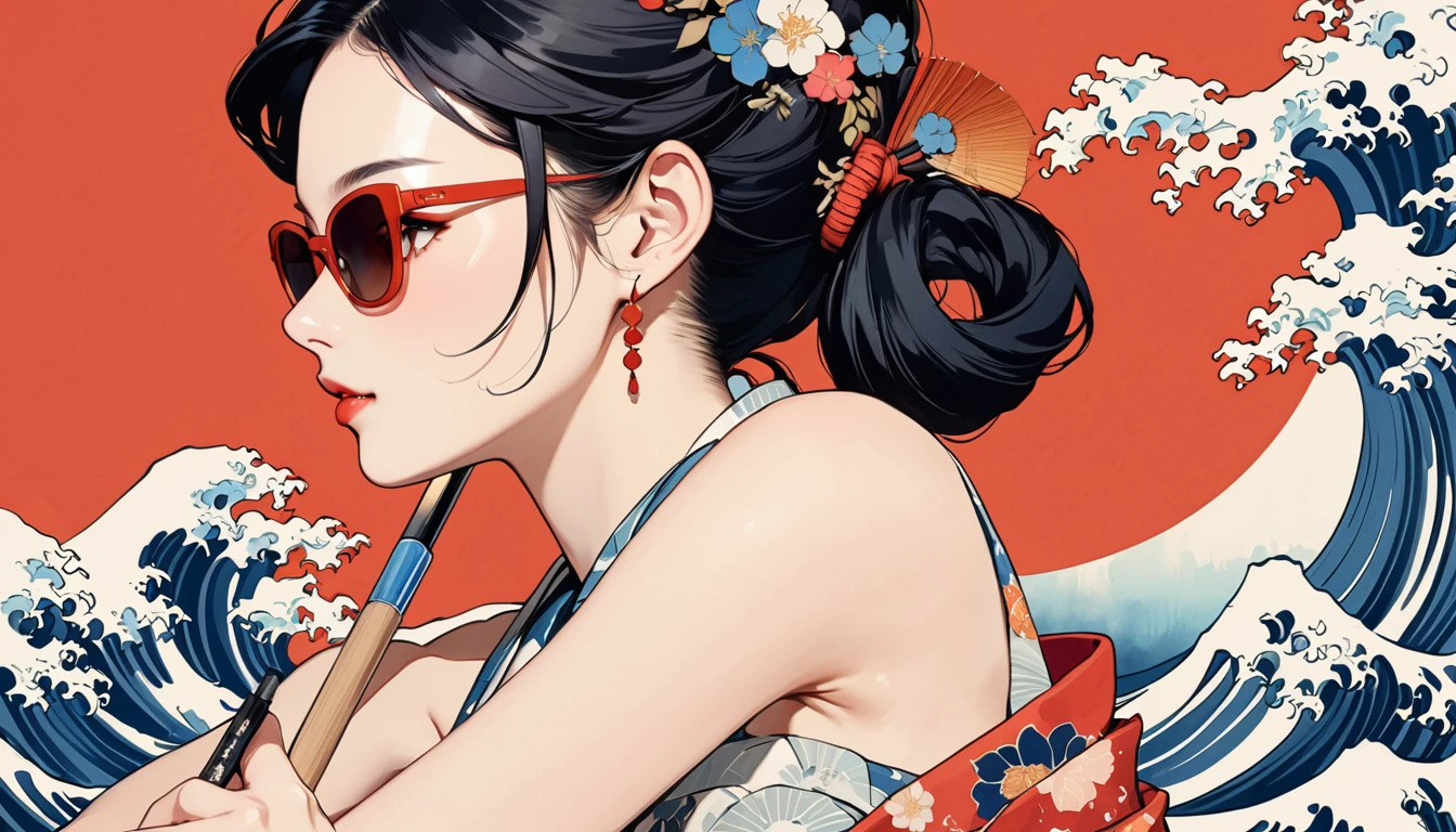 Ink Painting, (((1 girl))), (((music festival))), sunglasses, Japanese style headphones, Japanese beauty, Black Hair, big breast,Delicate and precise, Modern ukiyo-e style, vivid color