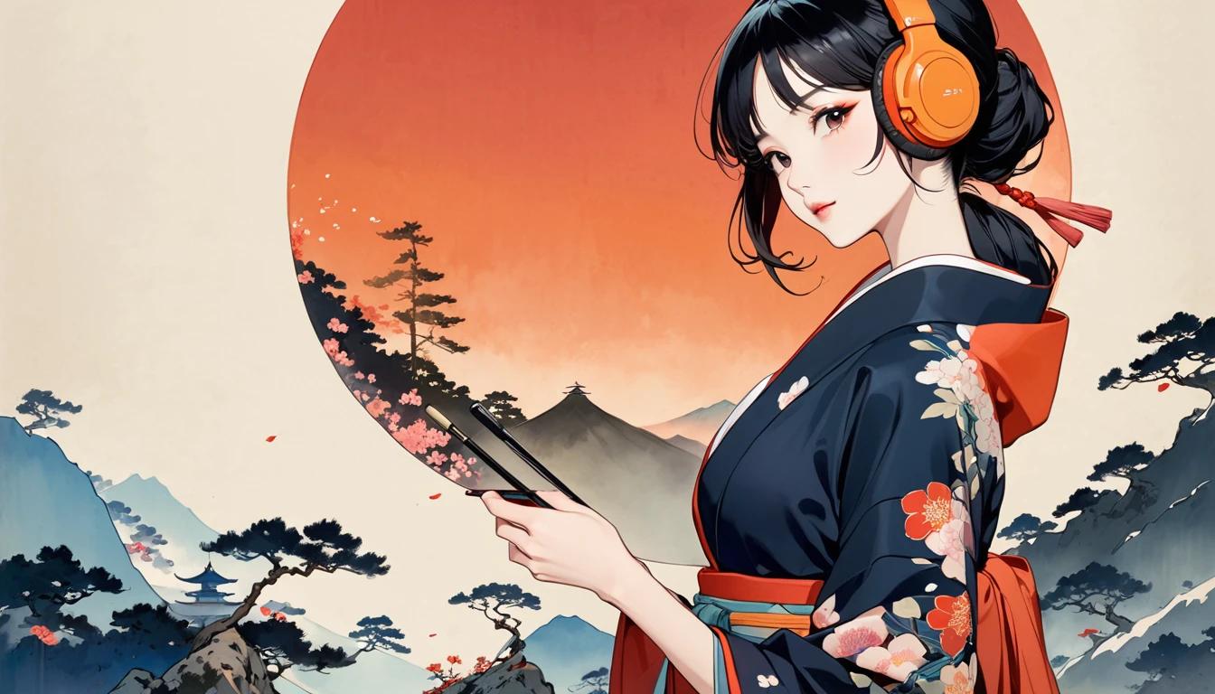 Ink Painting, (((1 girl))), (((music festival))), sunglasses, Japanese style headphones, Japanese beauty, Black Hair, big breast,Delicate and precise, Modern ukiyo-e style, vivid color