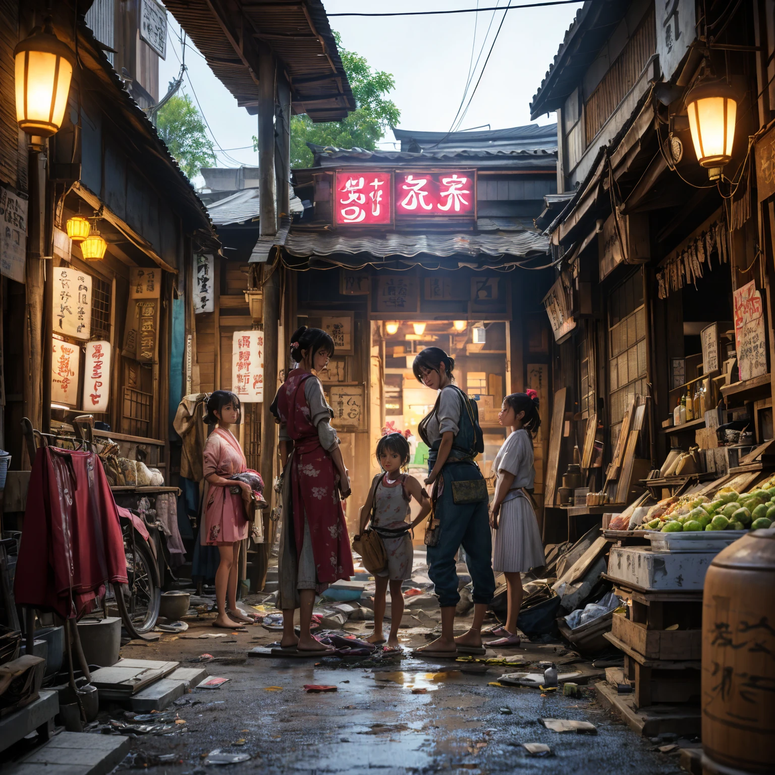 
((masterpiece、Highest quality))、Beautiful girls gather.、Three girls in summer clothes、(Showa Retro:1.2)、(Detailed and cute face:1.3)、(Poor conditions、Japan's poor neighborhoods、Dim and unsanitary、Standing Bar、みんなで楽しくdiet、Crumbling underground shopping mall)、屋台のdiet店、stage、sewage、Dirty shop、street vendors、Unsanitary and abandoned city、smile、diet、Poor person々