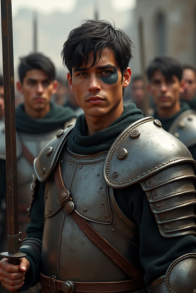 Short Italian soldiers, 27 years old, medium black hair, gray eyes, a slap
eye covering his left eye, wearing robust medieval armor.