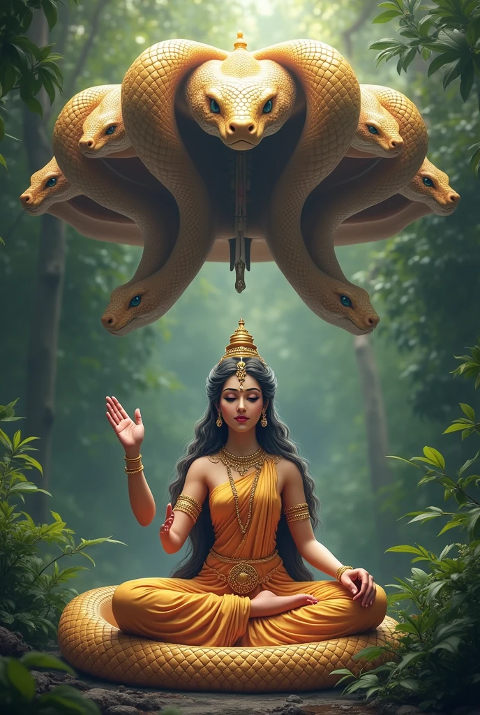 Create a realistic phone wallpaper of the goddess nainai nagapoosani amman with blessing with one hand in and divinely sitting under 5-heads snake that creating an umbrella with its five heads for the goddess