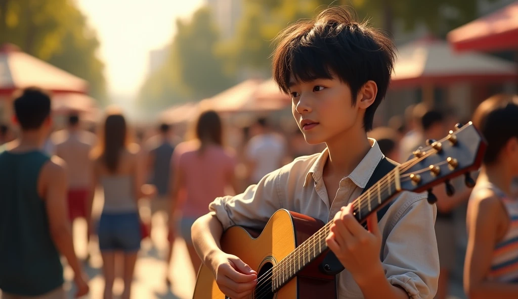young handsome asian boy , black neat messy hair. street musician, playing guitar on the street Terazije, Belgrade, summer time, many people listening his playing