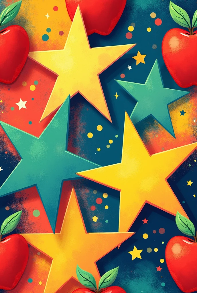 Generate a bold and colorful pattern that includes large, vibrant stars and apples, symbols of education and success. Use a mix of bright colors such as red, yellow, and blue. The background should have an energetic feel, celebrating the impact of teachers.