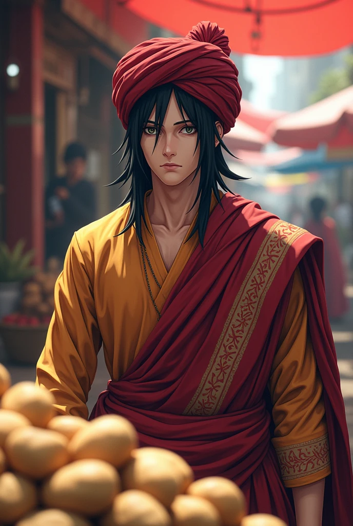 Picture  Itachi Uchiha from avengers the selling potatoes in a lively Indian market. He is dressed in a vibrant Indian attire Kurta Dhoti and a turban. His imposing figure stands behind a stall brimming with fresh potatoes, surrounded by a bustling market